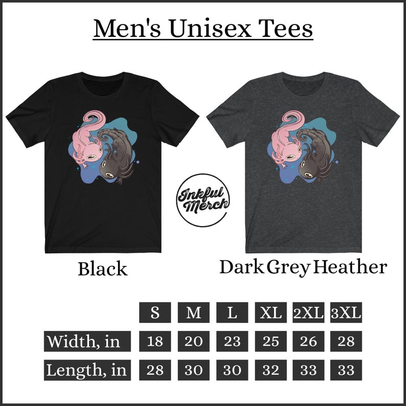 K&ouml;nnte beinhalten: Schwarze und dunkelgraue Unisex-T-Shirts mit einem Cartoon-Axolotl-Design. Das Design zeigt einen rosa und schwarzen Axolotl mit blauem und hellblauem Hintergrund. Die Shirts sind in den Gr&ouml;&szlig;en S-3XL erh&auml;ltlich, mit Breiten von 45,7 bis 71,1 cm und L&auml;ngen von 71,1 bis 83,8 cm.
