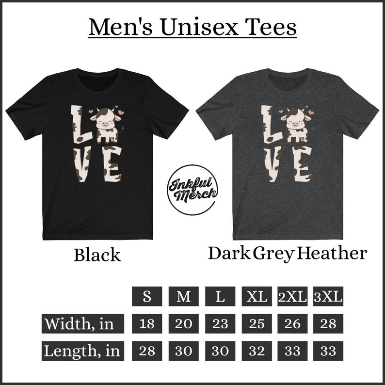 Puede incluir: Camiseta unisex en negro y gris jaspeado oscuro con un gr&aacute;fico de una vaca y la palabra "LOVE" en letras blancas. La tabla de tallas muestra el ancho y la longitud en pulgadas para las tallas S, M, L, XL, 2XL y 3XL.