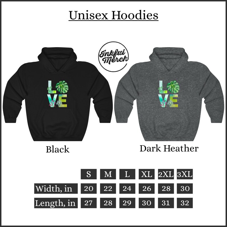 May include: Unisex hoodie with the word "LOVE" in a colorful font with a green leaf design. The hoodie is available in black and dark heather grey. Size chart included with width and length measurements in inches.
