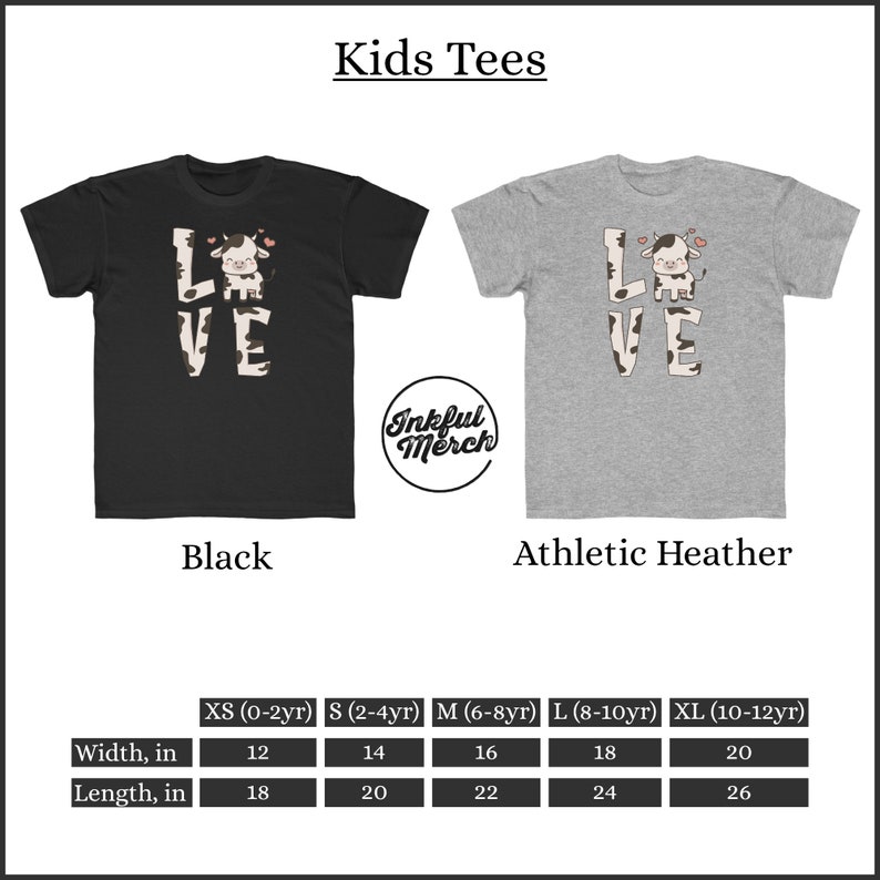 Puede incluir: Camisas para ni&ntilde;os en negro y gris deportivo con un gr&aacute;fico de una vaca que dice "Love" en una fuente de impresi&oacute;n de vaca. La tabla de tallas muestra el ancho y la longitud en pulgadas para las tallas XS a XL.