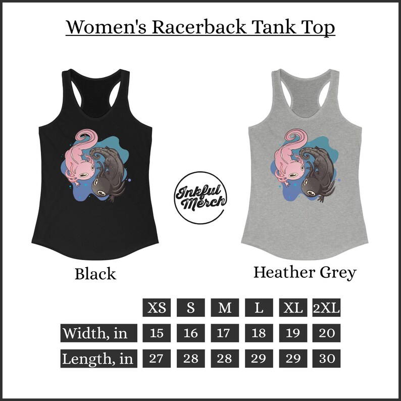K&ouml;nnte beinhalten: Schwarze und hellgraue Racerback-Tanktops mit einem Cartoon-Axolotl-Design. Die Axolotl sind rosa und schwarz, mit einem blauen Hintergrund. Erh&auml;ltlich in den Gr&ouml;&szlig;en XS bis 2XL, mit Breiten von 38 bis 51 cm und L&auml;ngen von 69 bis 76 cm.