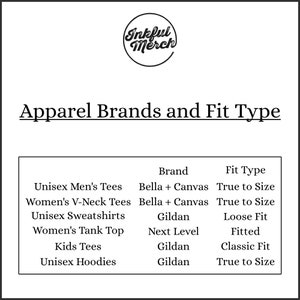May include: A table showing apparel brands and their fit types. The brands listed are Bella + Canvas, Gildan, and Next Level. The fit types listed are True to Size, Loose Fit, Fitted, and Classic Fit.