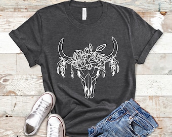 Boho Cow Skull Shirt, Wild West Shirt, Western Graphic Tee, Cowgirl Shirt, Bull Skull Shirt, Southwest Shirt, Western Clothing
