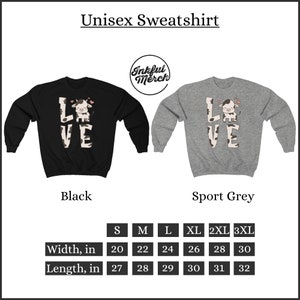 Puede incluir: Sudadera unisex con un gr&aacute;fico de vaca en blanco y negro y la palabra "LOVE" en blanco y negro. La sudadera est&aacute; disponible en negro y gris deportivo. Tabla de tallas incluida con medidas en pulgadas.