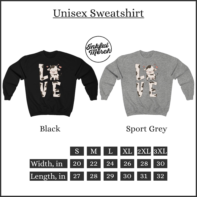 Puede incluir: Sudadera unisex con un gr&aacute;fico de vaca en blanco y negro y la palabra "LOVE" en blanco y negro. La sudadera est&aacute; disponible en negro y gris deportivo. Tabla de tallas incluida con medidas en pulgadas.