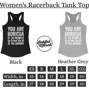 Puede incluir: Tops sin mangas de espalda nadadora negros y gris jaspeado con el texto "YOU ARE BORICUA IF 20 PEOPLE GO TO PICK YOU UP AT THE AIRPORT" en blanco. El top negro mide 38-51 cm de ancho y 69-76 cm de largo. Tambi&eacute;n disponible en gris jaspeado.
