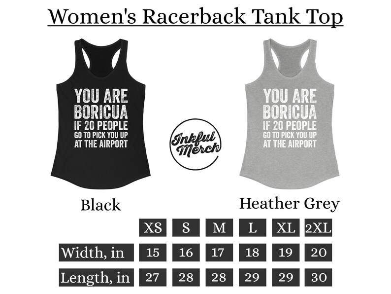 Puede incluir: Tops sin mangas de espalda nadadora negros y gris jaspeado con el texto "YOU ARE BORICUA IF 20 PEOPLE GO TO PICK YOU UP AT THE AIRPORT" en blanco. El top negro mide 38-51 cm de ancho y 69-76 cm de largo. Tambi&eacute;n disponible en gris jaspeado.