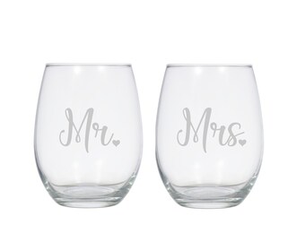 Mr and Mrs Etched Stemless Wine Glasses, Wedding Gift Set