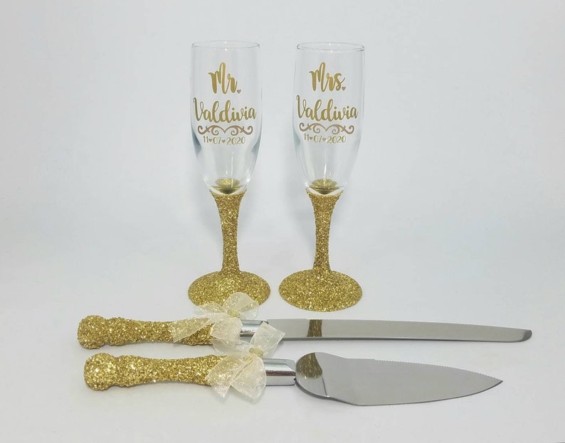 Gold Glitter Toasting Flutes and Cake Knife Server Set Mr and Etsy