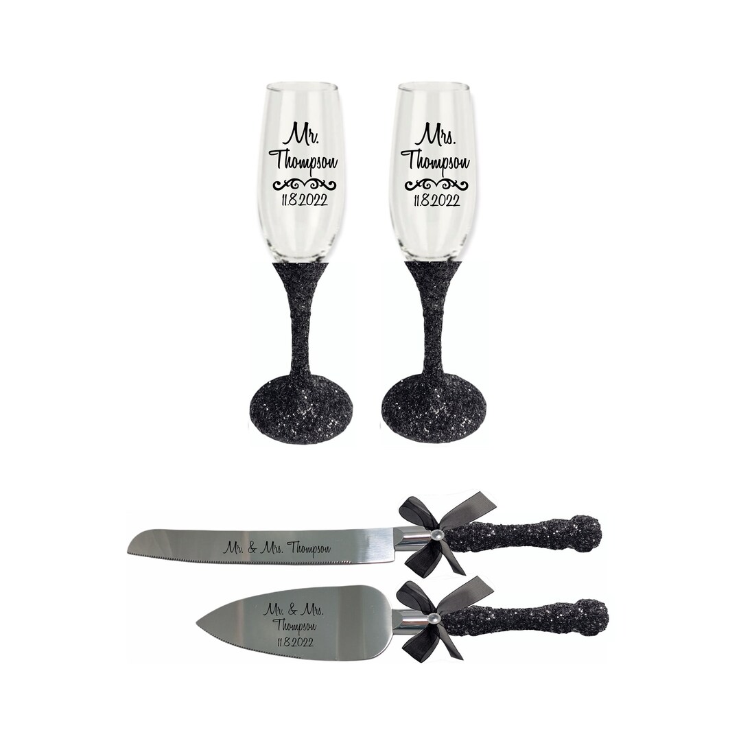 Black Glitter Toasting Flutes and Cake Knife Server Set Etsy