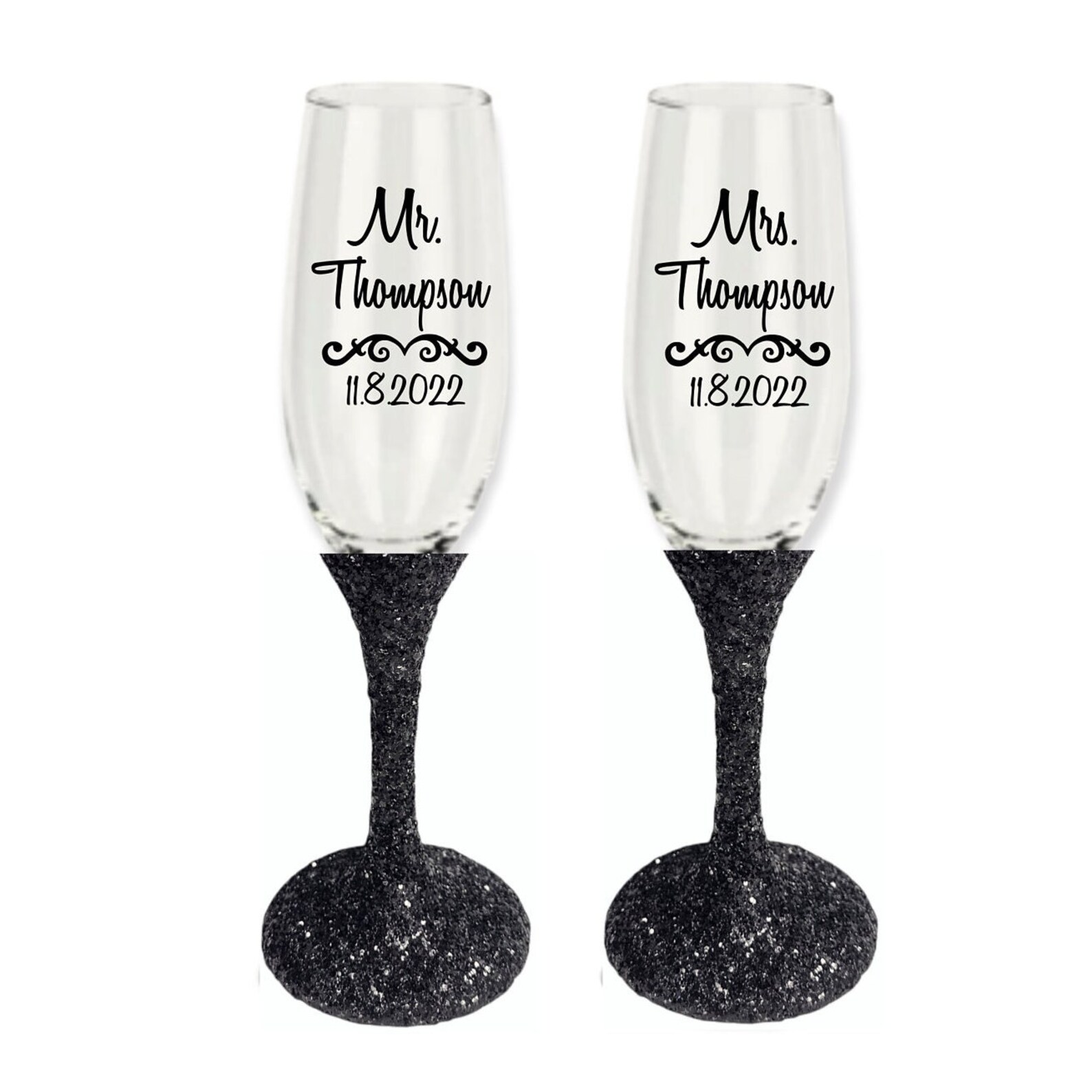 Black Glitter Toasting Flutes and Cake Knife Server Set Etsy