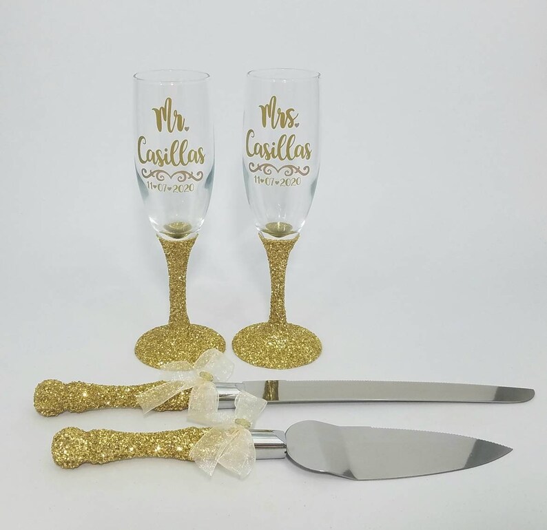 Gold Glitter Toasting Flutes and Cake Knife Server Set Mr and Etsy