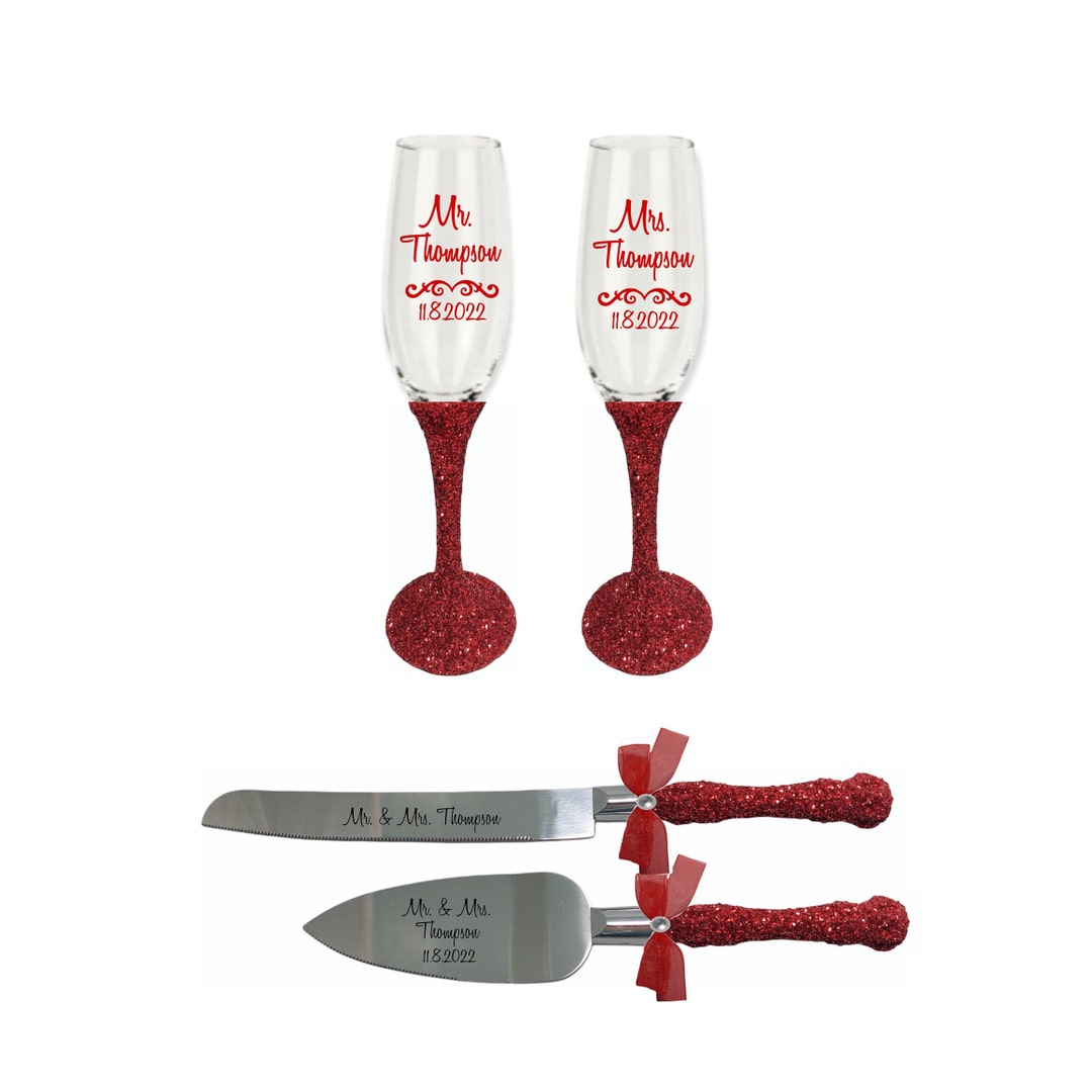 Red Glitter Toasting Flutes and Cake Knife Server Set Wedding Etsy