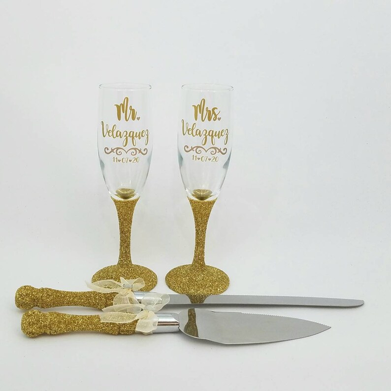Gold Glitter Toasting Flutes and Cake Knife Server Set Mr and Etsy