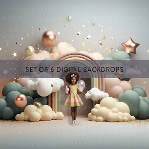 Rainbow Clouds Balloon Arch Digital Backdrop for Children's Birthday Party Baby Shower Maternity, Portrait Photo Fine Art Overlay Background