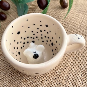 Ceramic Espresso Mug, Cute Peekaboo Bear Mug, Handmade Little Cup with Polar Bear, Happy Mug for Child,