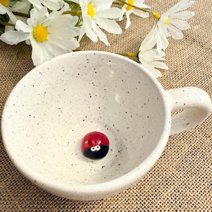 May include: A speckled white ceramic mug with a handle, featuring a red and black ladybird at the bottom. White daisies with yellow centres are in the background, resting on a hessian surface.