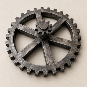 May include: A large, dark gray, weathered gear with a distressed metallic finish, featuring a smaller gear attached to its center hub. The main gear has six spokes and numerous teeth along its outer circumference, creating a mechanical appearance.