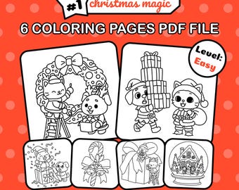 May include: A digital PDF file with six Christmas-themed coloring pages. The illustrations feature cartoon animals decorating a wreath, carrying gifts, and more. The text includes "lily&teddy", "christmas magic", and "Level: Easy".