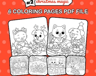 May include: A set of six Christmas-themed coloring pages in PDF format. The illustrations feature cute cat and dog characters in various holiday scenes, including crafting, dining, and baking. The text reads "lily&teddy christmas magic".