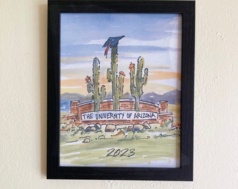 University of Arizona Graduation Watercolor Print: Cactus with Grad Cap (Framed 8x10)