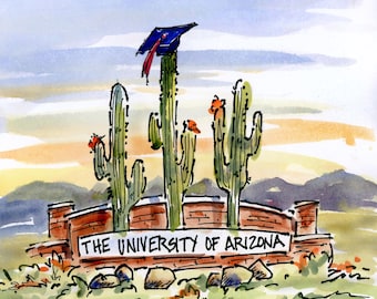University of Arizona Graduation Print: Wildcat Cactus Watercolor (8x10)