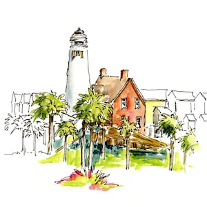 St. George Island Lighthouse Print, Ink and Watercolor Plein Air Sketch Souvenir of the Forgotten Coast