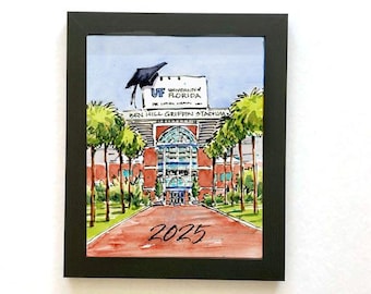 UF University of Florida Grad 2025 Ben Hill Griffin Stadium Gator Walk Watercolor Print FRAMED for student, graduate or alumn
