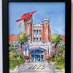 FSU Florida State University Grad 2025 Graduation cap on Westcott Building Watercolor Print for graduate, alumni or student gift FRAMED