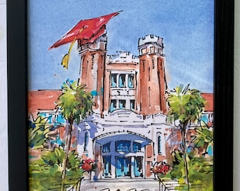 FSU Graduation Watercolor Print, Westcott Building, Seminole Gift, Black Frame