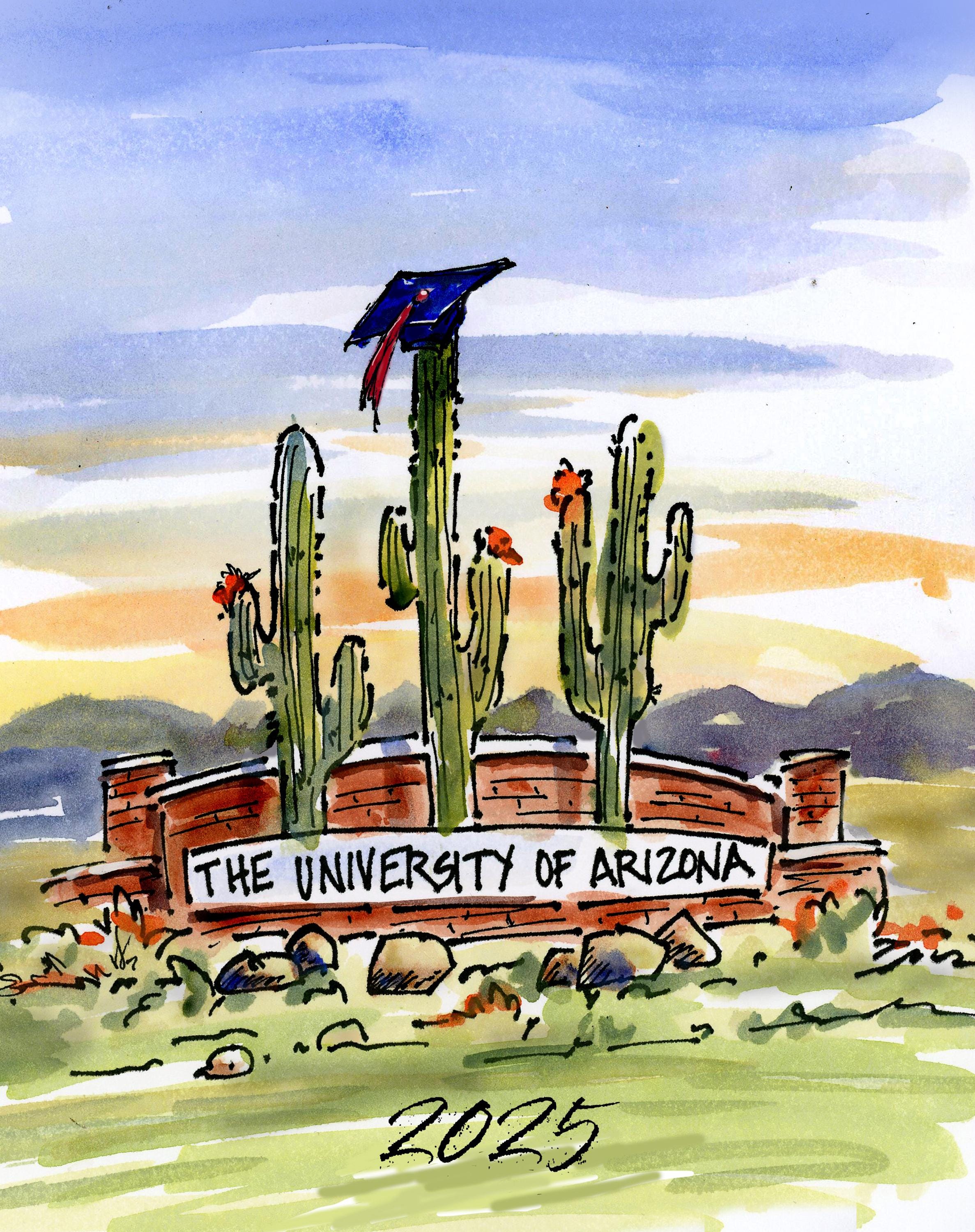 University of Arizona Wildcat Graduation 2025 mortarboard cap on Cactus Watercolor Print for graduate, student or alumni