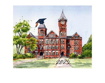 Auburn University Grad 2025 Graduation cap on Samford Hall Watercolor Print for graduate, student or alumni