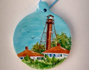Sanibel Island Lighthouse Ornament – Hand-Painted Clay Coastal Decor, Florida Beach House Gift