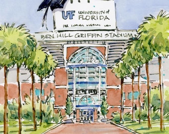 UF University of Florida Graduation Watercolor Print, Ben Hill Griffin Stadium, Gift