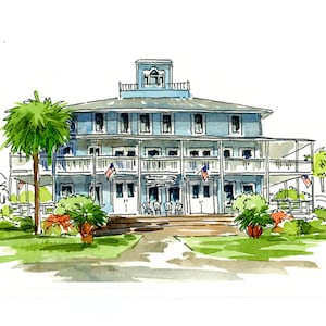 Print of Historic Gibson Inn in Apalachicola on Forgotten Coast Sketch in ink and watercolor