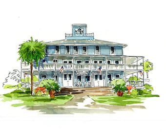 Gibson Inn Watercolor Print, Apalachicola Florida Art