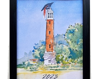 University of Alabama UA 2025 graduate cap on Denny Chimes Tower Watercolor Print FRAMED for student, graduate, or alumni gift
