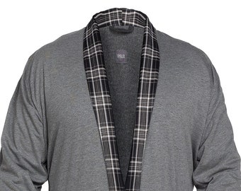 Bata de polar de algodón gris para hombre: corte kimono, ribete a cuadros