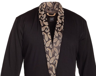 Perfect gift for man - High-quality robe with natural silk edging. Black paysley pattern silk + black viscose fleese
