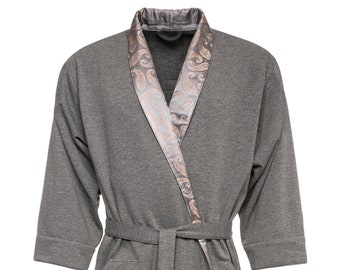 Men's Gray Cotton Fleece Robe: Kimono Cut, Silk Trim