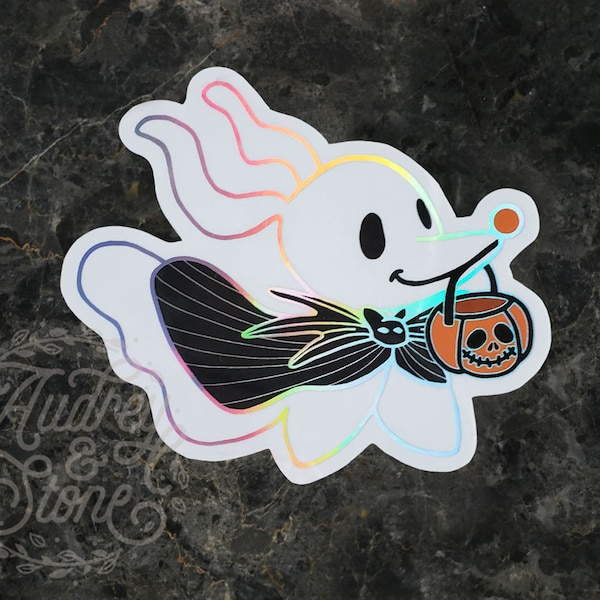 Zero Holographic Sticker | Nightmare Before Christmas | Halloween | Jack Skellington | Costume Trick or Treat Pumpkin King Tim Burton Holo