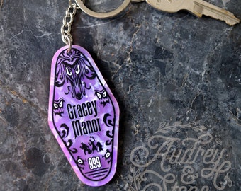 Haunted Mansion Acrylic Keychain | Disney | Hotel Motel Gracey Manor Halloween Happy Haunts Hitchhiking Ghosts Ghost Host Disneyland Ride