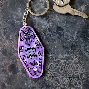 Haunted Mansion Acrylic Keychain | Disney | Hotel Motel Gracey Manor Halloween Happy Haunts Hitchhiking Ghosts Ghost Host Disneyland Ride