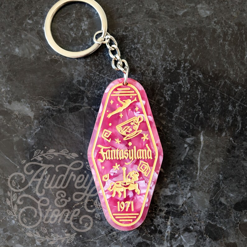 Fantasyland Acrylic Keychain Magic Kingdom Hotel Motel Peter Pan Carousel Walt Disney World Disneyland Pink Gold Mad Tea Party Key Chain image 2