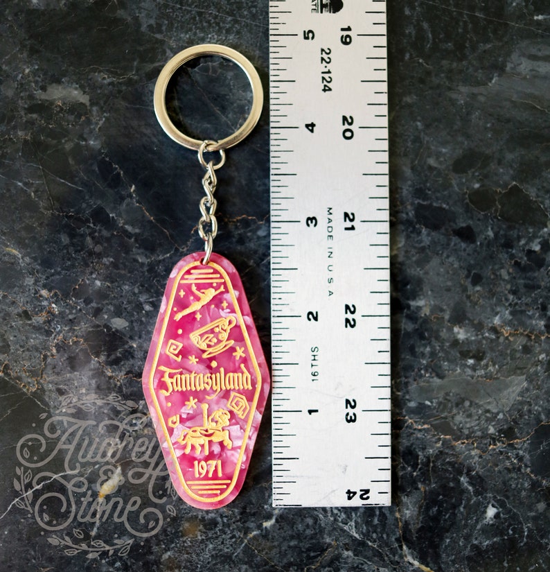 Fantasyland Acrylic Keychain Magic Kingdom Hotel Motel Peter Pan Carousel Walt Disney World Disneyland Pink Gold Mad Tea Party Key Chain image 3