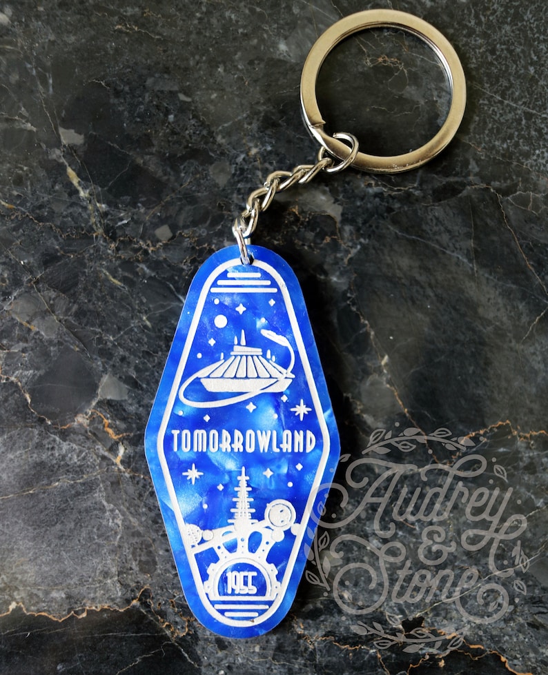 Tomorrowland Acrylic Keychain Magic Kingdom Hotel Motel Walt Disney World Disneyland Key Space Mountain Astro Orbiter Carousel of Progress image 2