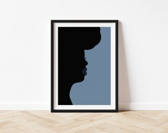 A4 Modern Chic Black African American Caribbean Woman Portrait, Graphic Retro Style Wall Art Print, Minimalist Blue Black and White Artwork