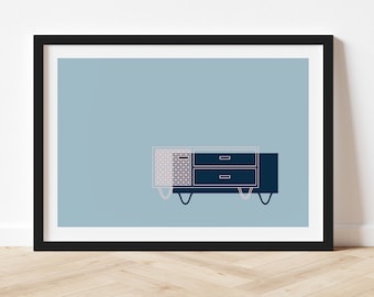 A4 Mid Century Modern Sideboard Art Print: Blue Pink Graphic Artwork
