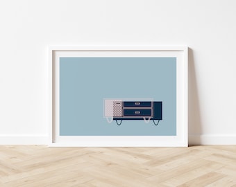 A5 Retro Mid Century Modern Sideboard Art Print, Surreal Minimal Contemporary Abstract Graphic Gallery Wall Art, Pink Blue Handmade Artwork