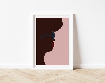 A5 Modern Chic Black African American Caribbean Woman Portrait, Graphic Retro Style Wall Art Print, Minimalist Pink Brown Red Blue Artwork